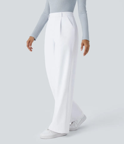 Pantalones de trabajo de cintura alta con bolsillos y pernera recta - Blancos