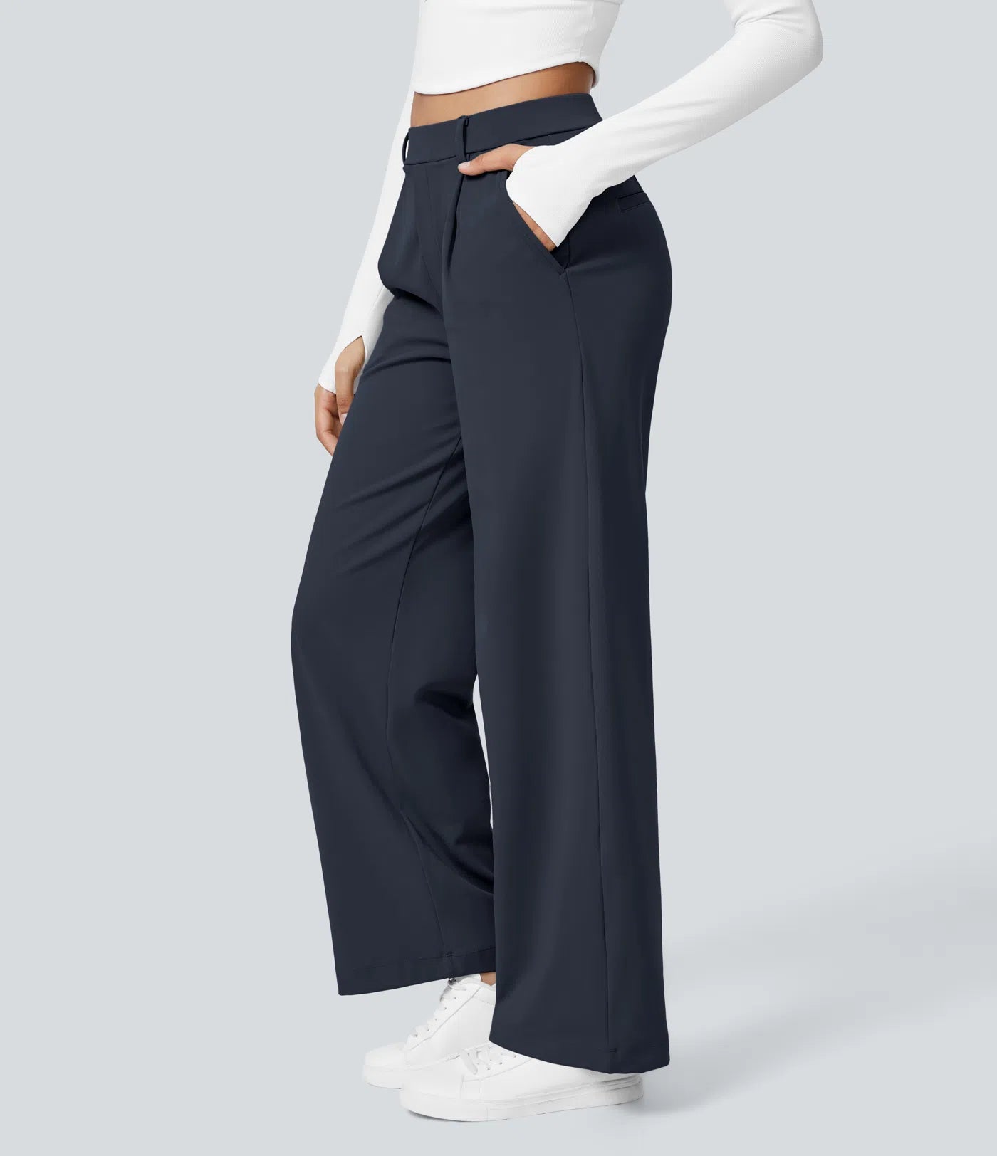 Pantalones de trabajo de cintura alta con bolsillos y pernera recta - Azul Marino