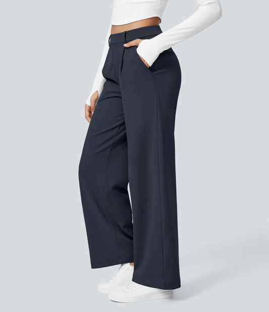 Pantalones de trabajo de cintura alta con bolsillos y pernera recta - Azul Marino