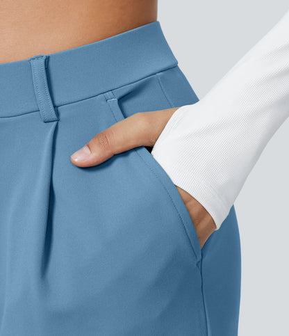 Pantalones de trabajo de cintura alta con bolsillos y pernera recta - Azul Claro