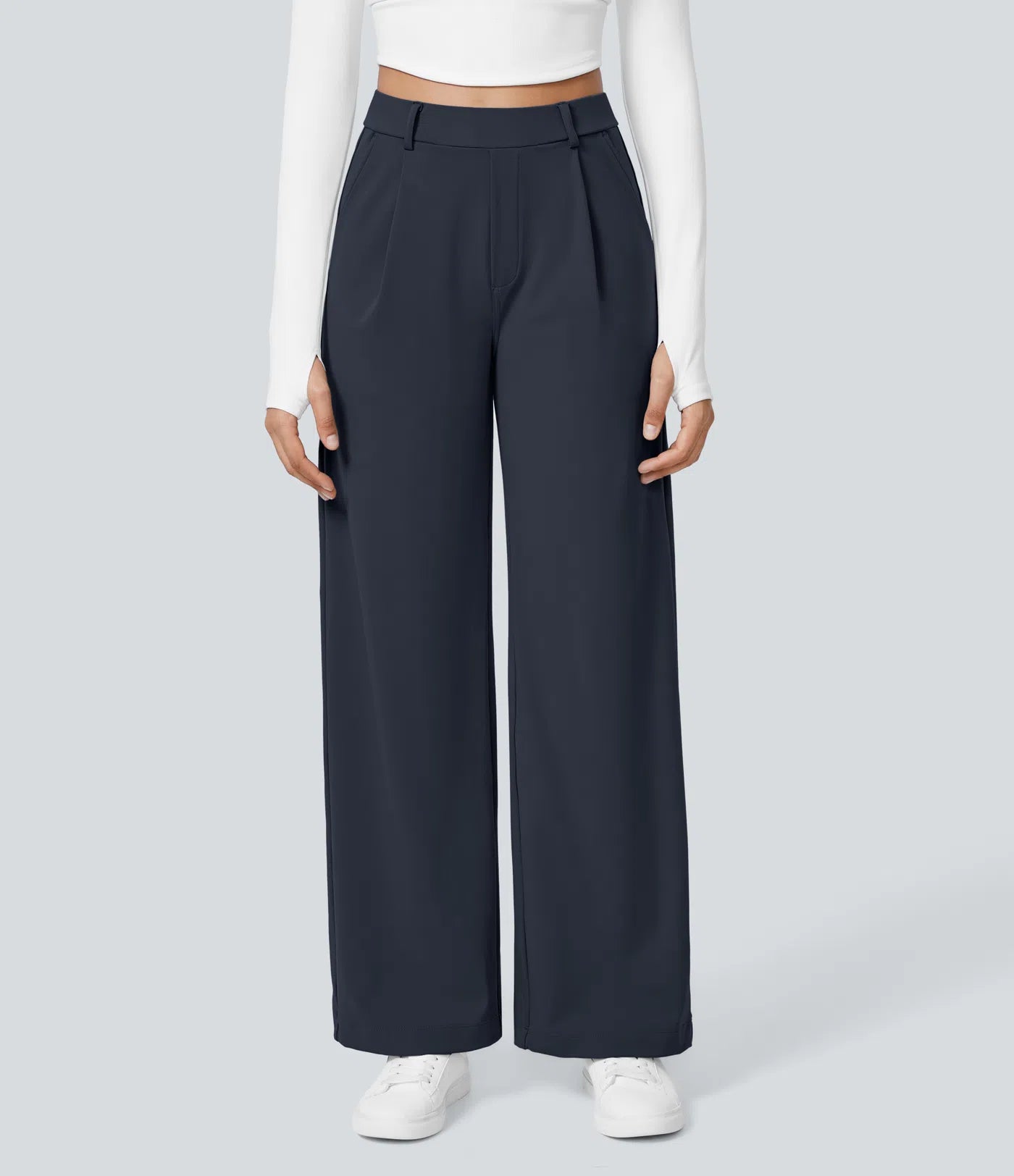 Pantalones de trabajo de cintura alta con bolsillos y pernera recta - Azul Marino