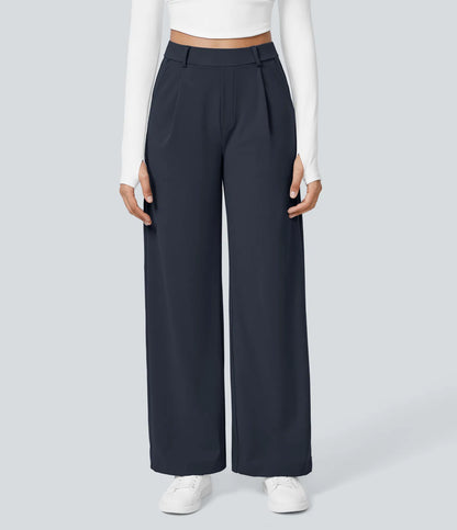 Pantalones de trabajo de cintura alta con bolsillos y pernera recta - Azul Marino