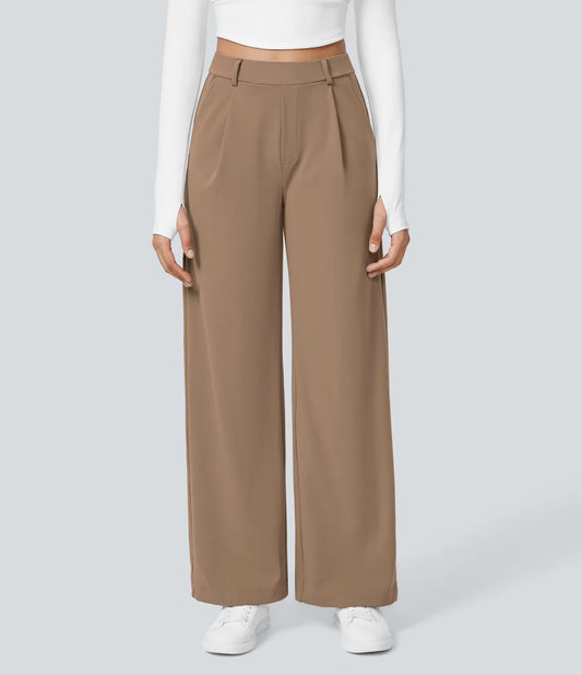 Pantalones de trabajo de cintura alta con bolsillos y pernera recta - Marrón