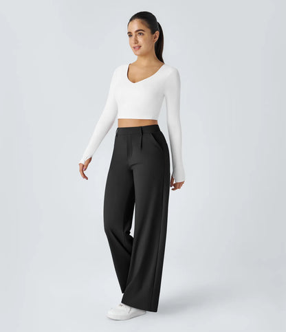 Pantalones de trabajo de cintura alta con bolsillos y pernera recta - Negro