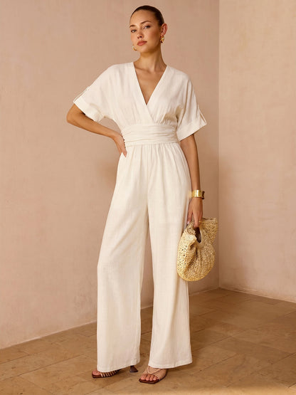 Mono Elegante con escote en V y pierna Ancha