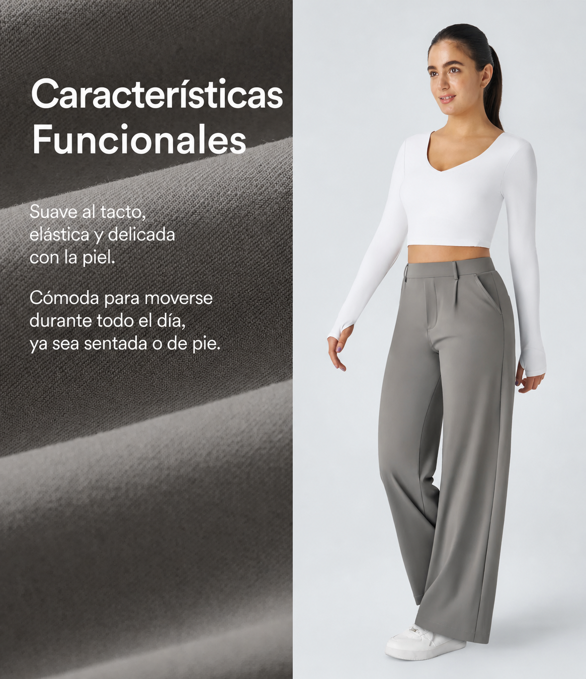 Pantalones de trabajo de cintura alta con bolsillos y pernera recta - Gris