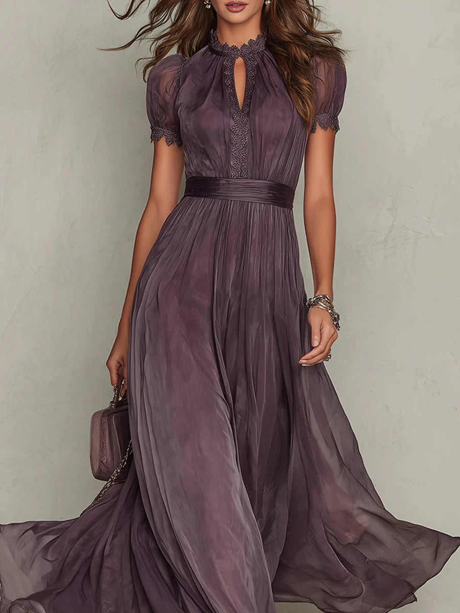 Julie I Vestido largo violeta con escote de lágrima y borde de encaje de gasa chiffon