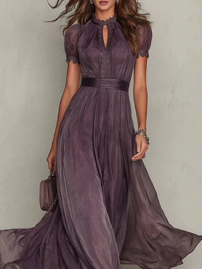 Julie I Vestido largo violeta con escote de lágrima y borde de encaje de gasa chiffon