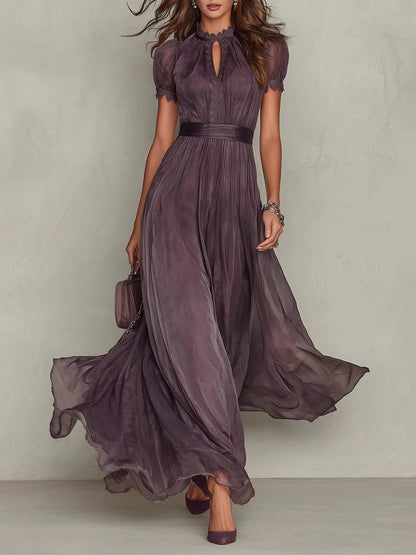 Julie I Vestido largo violeta con escote de lágrima y borde de encaje de gasa chiffon