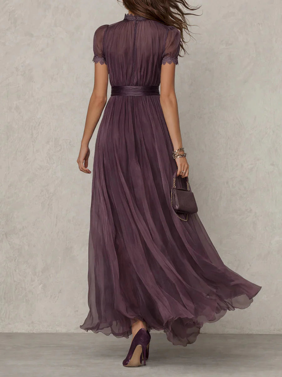 Julie I Vestido largo violeta con escote de lágrima y borde de encaje de gasa chiffon