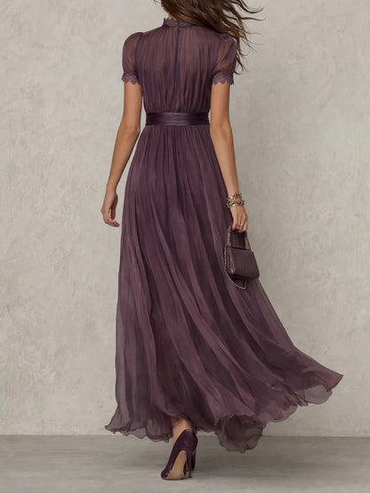 Julie I Vestido largo violeta con escote de lágrima y borde de encaje de gasa chiffon