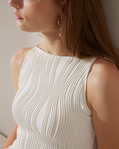 Vestido Midi Texturizado Efecto Ondas de Agua - Blanco