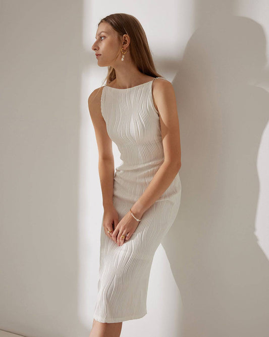 Vestido Midi Texturizado Efecto Ondas de Agua - Blanco