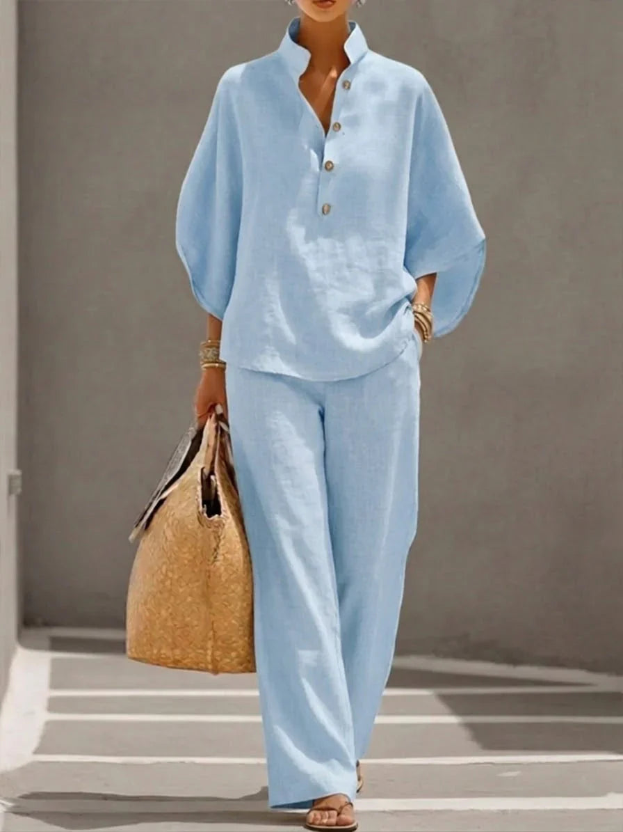 Maribel™ | Conjunto de lino con mangas y pantalón ancho