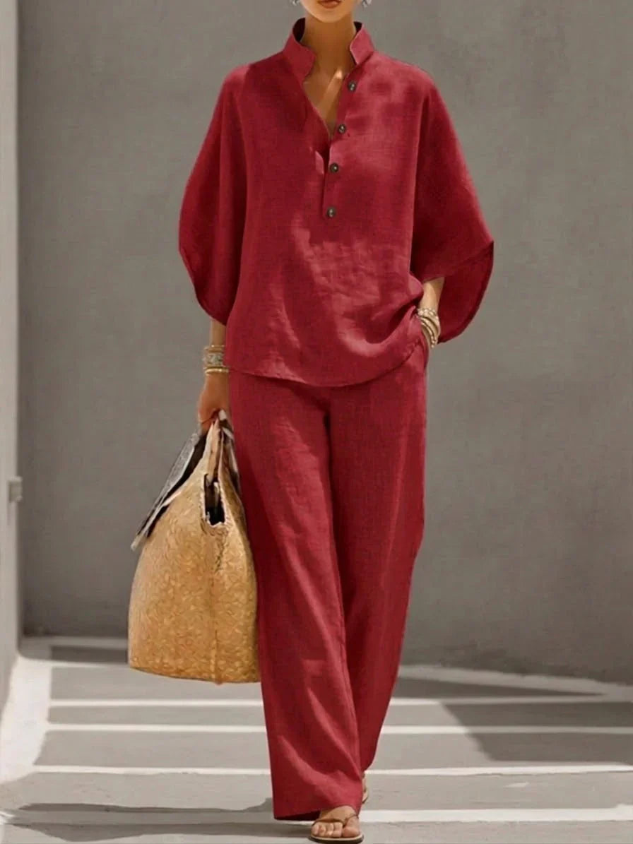 Maribel™ | Conjunto de lino con mangas y pantalón ancho