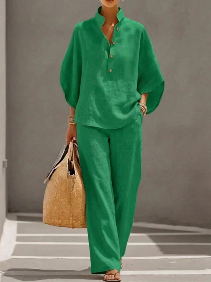 Maribel™ | Conjunto de lino con mangas y pantalón ancho